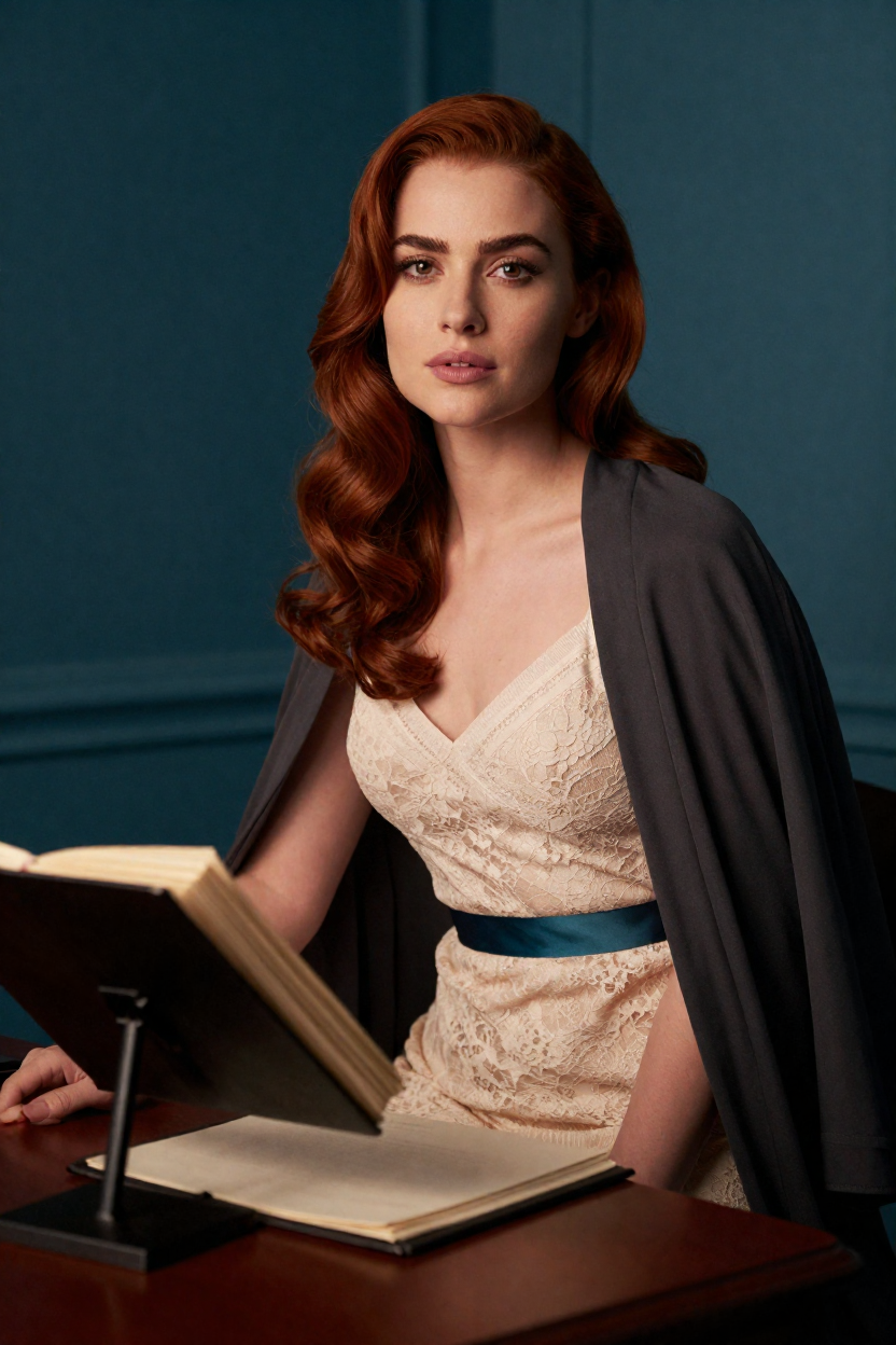 Fictional 29-year-old woman, auburn hair in long polished waves over one shoulder, fair skin with a